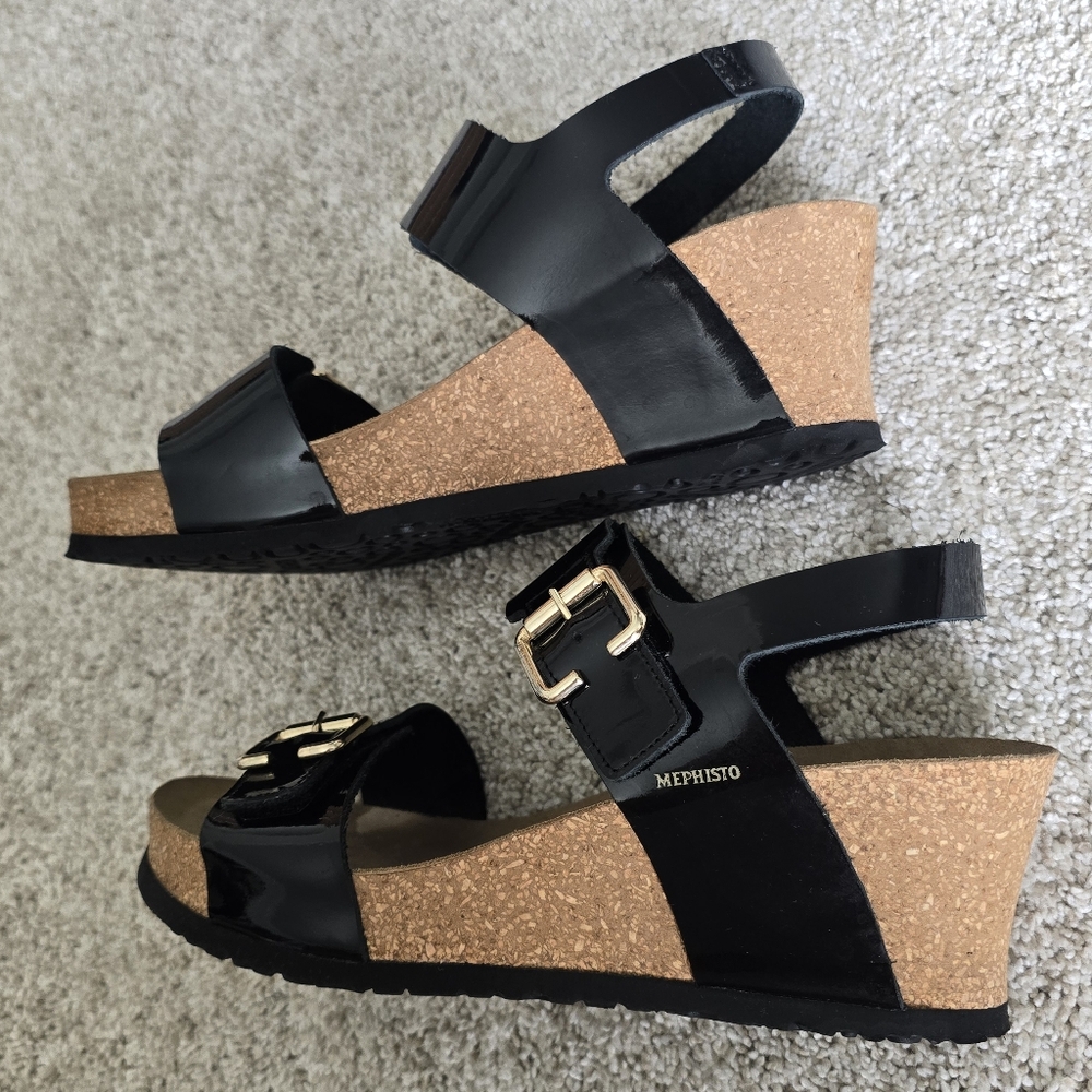Mephisto Lissandra Black Patent -  Size 10 (41) Wedge Sandals - Picture 3 of 13